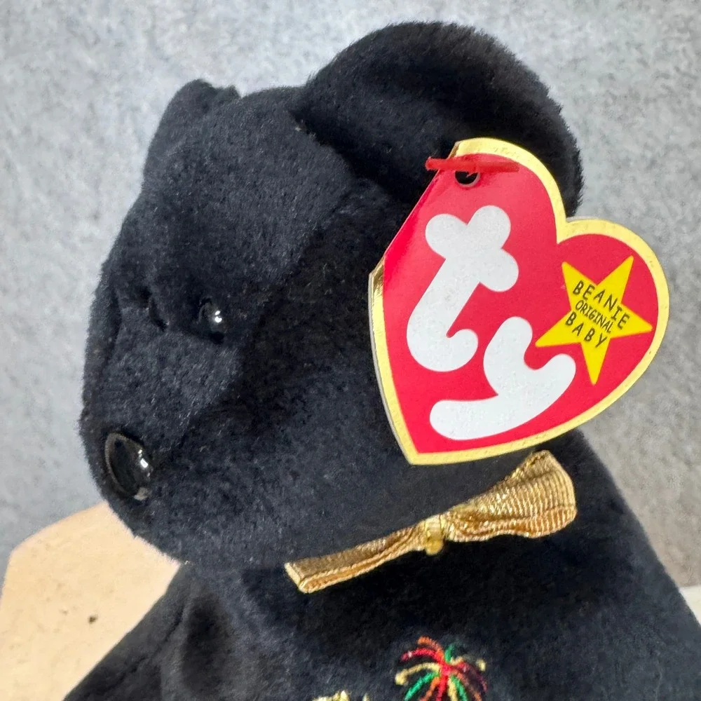Vintage Ty Beanie Baby The End Black Bear Plush Gold Bow‎ Tie 2000 Retired